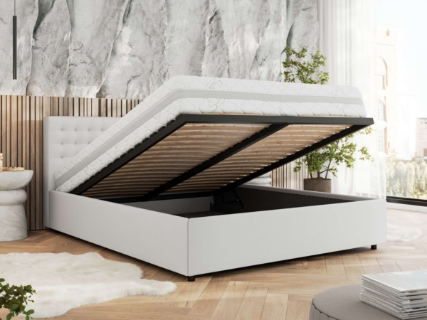 Polsterbett mit Holzlattenrost Doppelbett PAVO CLASSIC, hohe Kopfteil, Bettkasten mit Gasdruckfeder Multipocket Matratze - 180x200 cm - Weiß Kunstleder - ELORI LUX Bild 3