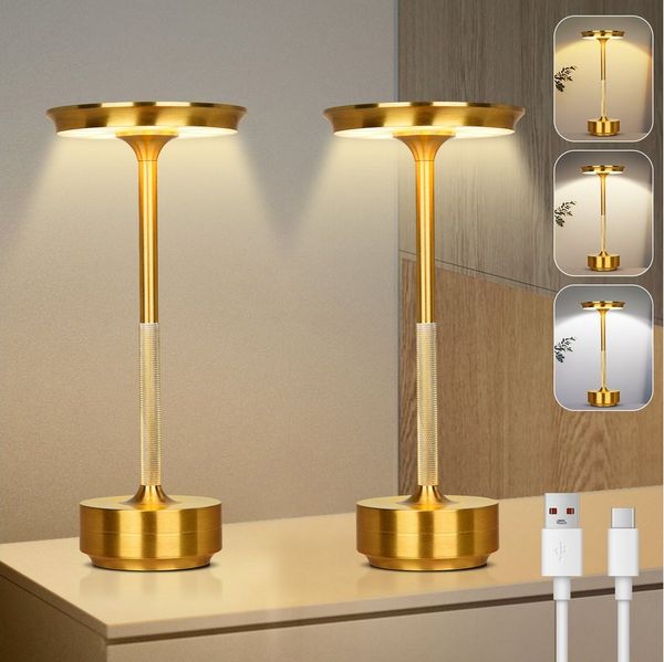 Lapalife Nachttischlampe LED Tischlampe Kabellos Akku, Dimmbar, 3 Farbtemperatur, LED fest integriert, Gold Tischleuchte USB Aufladbar für Nachttisch Esstisch Schreibtisch