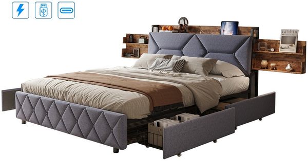 ADWOLT Stauraumbett Doppelbett Polsterbett mit Schubladen (Bettgestell, 1-tlg, Jugendbett Mit Kopfteil und Lattenrost), 140x200 cm,Schubladen mit Rädern,Leinenmaterial,Grau