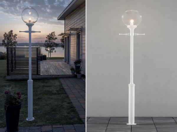 Große LED Mastleuchte Aluminium Weiß mit Glaskugel, Höhe 240cm