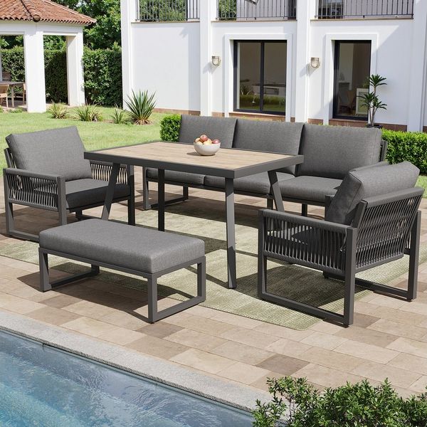 Celya Gartenlounge-Set Gartenmöbel Set Outdoor Sofa 6-7 Sitzer mit großem Esstisch, (Hochwertigen Sitzkissen & Rückenkissen, Gartensofa), Gartenlounge-Set für Balkon Terrasse, Wetterfestes Terrassen Sofa Set