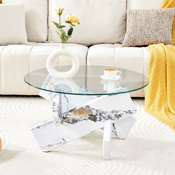 Couchtisch rund 79x79 x H 45 cm, Glasplatte 0,8 cm, MDF-Gestell in Weiß mit Marmoroptik