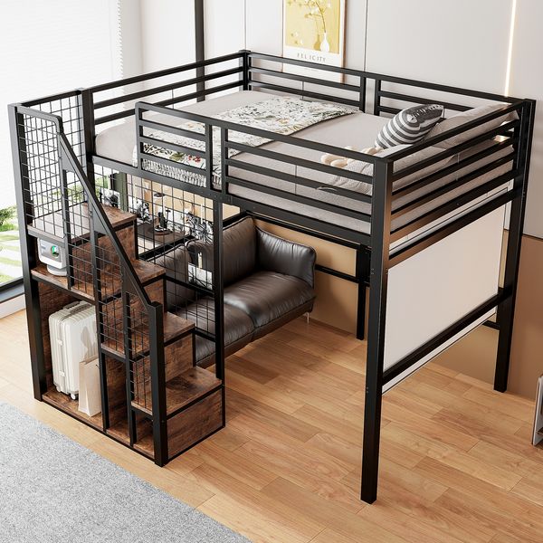 Merax Hochbett 140 x 200 cm, Jugendbett, Doppelbett, mit Sicherheitsleiter, Kinderbett mit Eisenrahmen und Ablagefläche, Schwarz