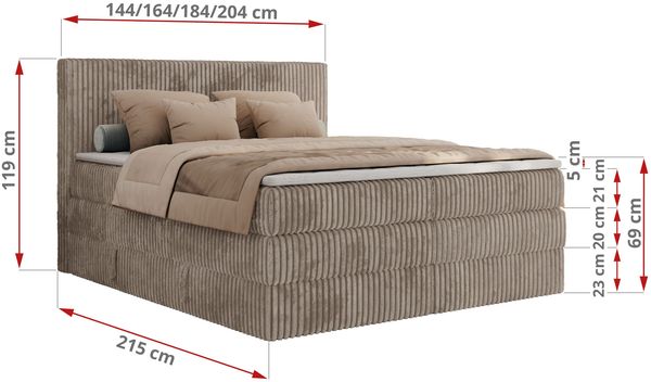 Boxspringbett, Doppelbett mit zwei Bettkästen und Multipocket-Matratze, Cord Bett - TILIANO KING - 180 x 200 cm - Hellbraun Cord - H3 Bild 6