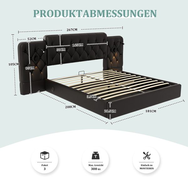 LVHOM Boxbett 180x200cm Bettgestell, PU-Leder, Verlängertes und Vergrößertes Kopfteil, Nachttischlampe, USB-Ladeanschlüssen, hydraulischem Stauraum-System, Polsterbett Doppelbett Bild 2