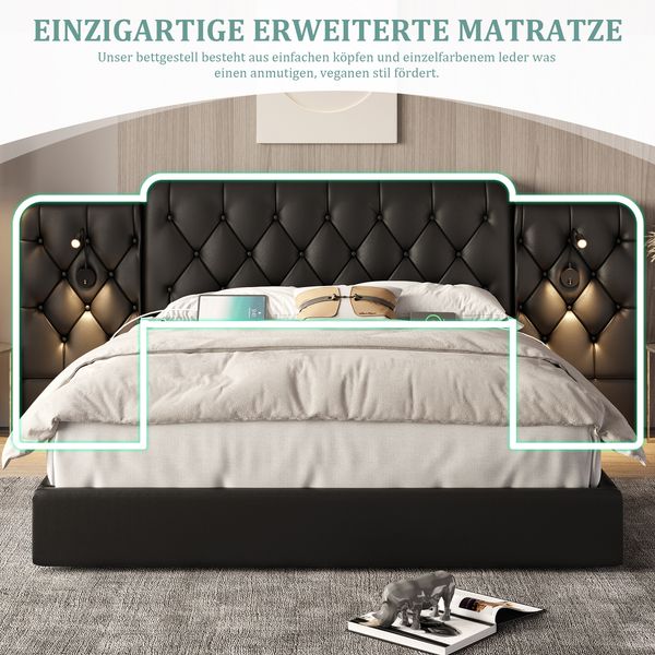 LVHOM Boxbett 180x200cm Bettgestell, PU-Leder, Verlängertes und Vergrößertes Kopfteil, Nachttischlampe, USB-Ladeanschlüssen, hydraulischem Stauraum-System, Polsterbett Doppelbett Bild 4