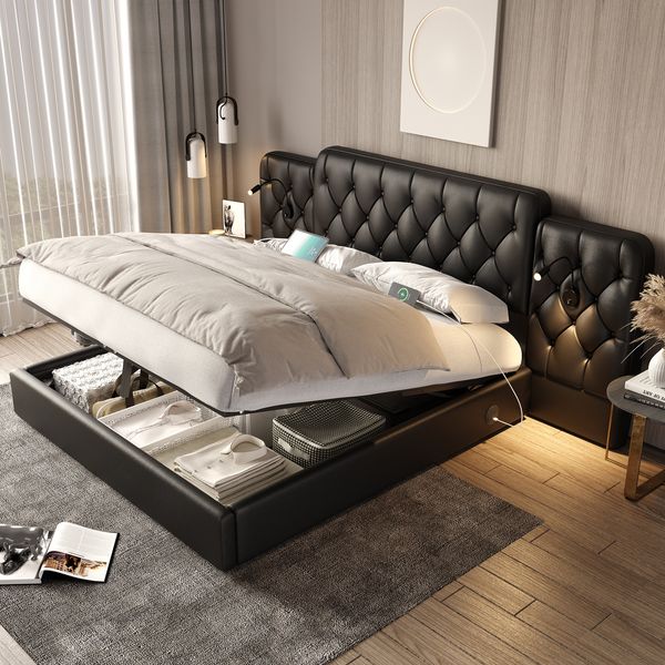 LVHOM Boxbett 180x200cm Bettgestell, PU-Leder, Verlängertes und Vergrößertes Kopfteil, Nachttischlampe, USB-Ladeanschlüssen, hydraulischem Stauraum-System, Polsterbett Doppelbett