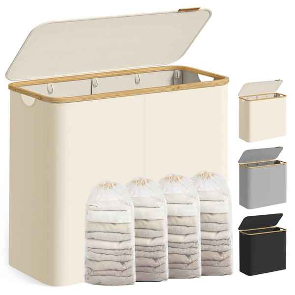 SONGMICS Wäschekorb mit Deckel, Wäschesammler mit 4 Fächern, 200 L, herausnehmbarer Wäschesack, Oxford-Gewebe, Griffe aus Bambus, zusammenklappbar, 78 x 38,5 x 70,5 cm, cremeweiß