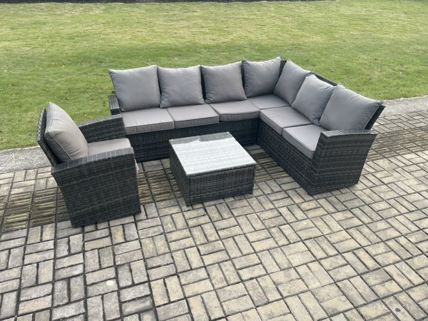 Fimous Gartenmöbel-Set aus Rattan Hoher Rücken Rattan Ecksofa Set mit Sesseln Quadratischer Couchtisch
