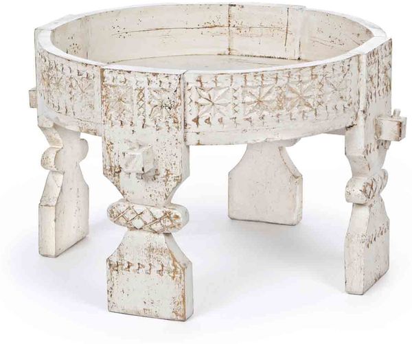 Beistelltisch Siryano aus Mangoholz, handgefertigt klassisch, rund, Weiß, stilvolles Design