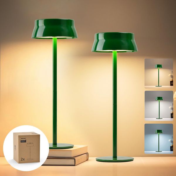 Philips Tischlampe Kabellose 2 Stück, Portable LED Akku Tischleuchte mit 2 stufig höhenverstellbar, Touch Stufenlos Dimmbar Nachtlicht, Wasserdicht für Schlafzimmer, Grün