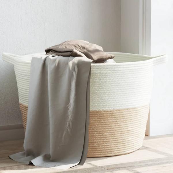 vidaXL Wäschekorb Beige und Weiß Ø60x36 cm Baumwolle 358475