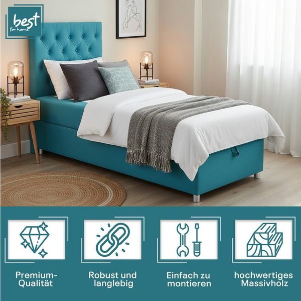 Best for Home Boxspringbett Boxspringbett mit Bettkasten K-14 SINGLE inkl. Bonell-Matratze (Einzelbett, Polsterbett gepolstertes Kopfteil, Jugendbett, Kinderbett, 70x200 80x200 90x200 100x200 cm), Handwerksqualität, TOP Preis-Leistungs-Verhältnis