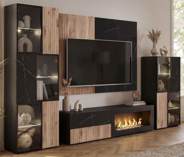 Wohnwand Starlet in schwarz, Vicking Eiche und Marmor schwarz 300 cm