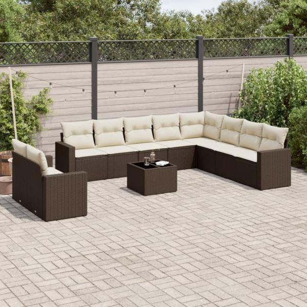 vidaXL 11-tlg. Garten-Sofagarnitur mit Kissen Braun Poly Rattan 3217873