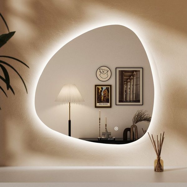 WDWRITTI Schminkspiegel mit beleuchtung Kosmetikspiegel Wandmontage (LED Wandspiegel Asymmetrisch, Steinform, 80x80cm), Kalt/Neutral/Warmweiß, Speicherfunktion