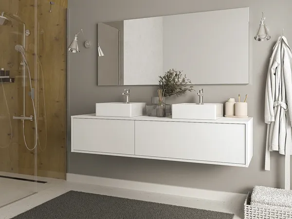 Vente-unique - ISAURE Waschbeckenmöbel Holz, Platte Weiß - B 47 cm x H 32 cm x L 150 cm
