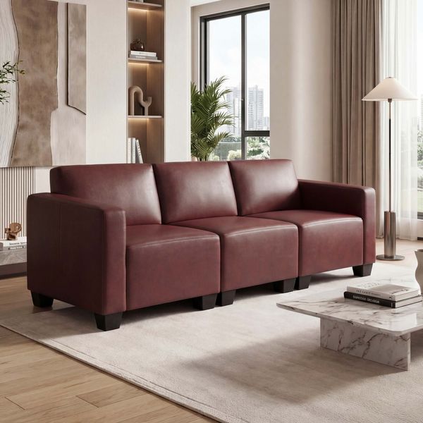 Modular 3-Sitzer Sofa Couch Lyon, Kunstleder ~ rot-braun