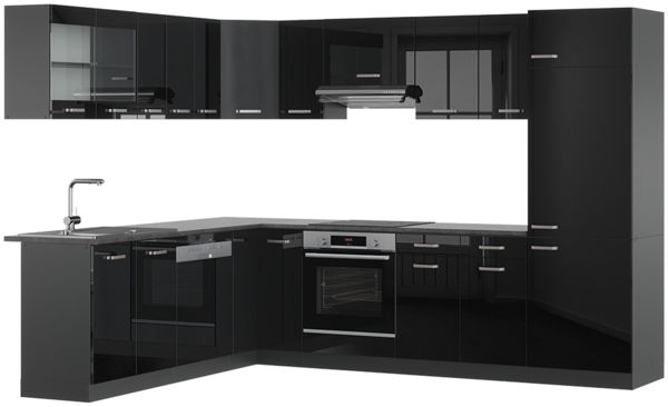 Eckküche R-Line Schwarz Hochglanz/Anthrazit 287 x 60 cm , AP Anthrazit Vicco