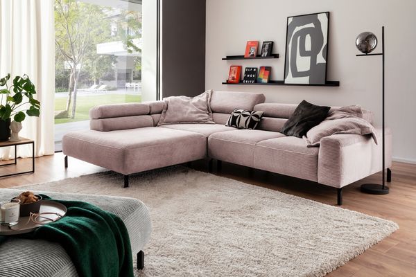 KAWOLA Sofa DELIA Ecksofa Cord rosa mit motorischem Sitzvorzug Recamiere links 74 x 219 x 276 cm