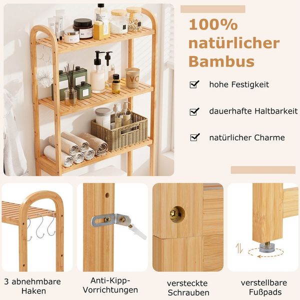 KOMFOTTEU Badregal, 3-stufiger Toilettenregal Bambus, mit 3 Haken