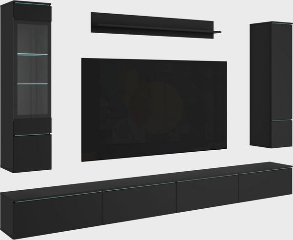Home affaire Wohnwand Vera, Breite 300 cm, (Komplett-Set, 5-St), Mit LED, Glasvitrine, grifflose Fronten