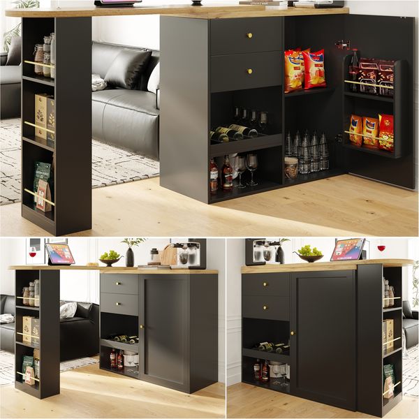 Drehbarer Bartisch (Hauptkörper 105 x 39 x 102 cm), mit 2 Schubladen und Schiebetürschrank, 3 Ebenen offener Stauraum, geeignet für Esszimmer/Arbeitszimmer/Wohnzimmer usw