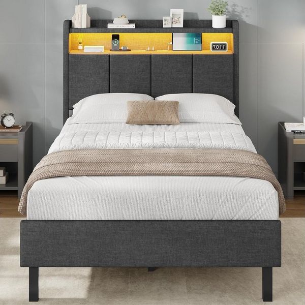 MSMASK Polsterbett mit integrierter LED-Beleuchtung und Ladestation, Stauraumbett (Ohne Matratze), Jugendbett Einzelbett mit Holzlattenrost, 90x200 cm