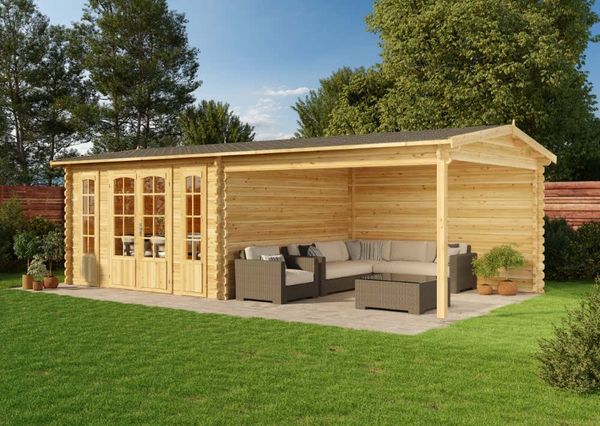 Alpholz Gartenhaus Freiburg Gartenhaus aus Holz in Pinie Holzhaus mit 44 mm Wandstärke inklusive Terrasse Blockbohlenhaus mit Montagematerial