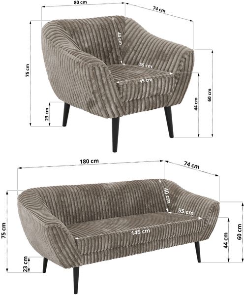 Wohnzimmerset PIRS 1-1-3, Skandinavisches 3-Sitzer Sofa mit Sesseln, Sofa mit Wellenfederung, schwarze Füße, Skandinavisches Möbelset - Hellbraun Cord Bild 5