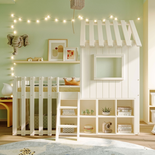 Bett 90x200 cm aus Massivholz mit Stauraum – Spielhaus-Design mit Dach und Fenstern