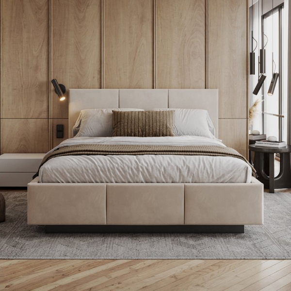 FDM Polsterbett ALMADA modern mit Bettkasten MADE IN EU - mit Trinity Velours Bezug (verfügbar 90x200 120x200 140x200 160x200 180x200cm, Bettrahmen, Bett, mit großen gepolsterten Kopfteil, mit Bettkasten zum aufklappen), Hebbarer Metallrahmen, Bettkast...