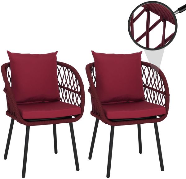 2er-Set Gartenstuhl HWC-Q38, Gartensessel Armlehne, Aluminium Seilgeflecht Rope ~ Gestell schwarz, Polster bordeaux