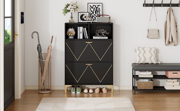 Schuhschrank 80x25x117 cm, 4 Klapptüren & 8 Ablagen, Schwarz MDF mit goldenen Metallakzenten