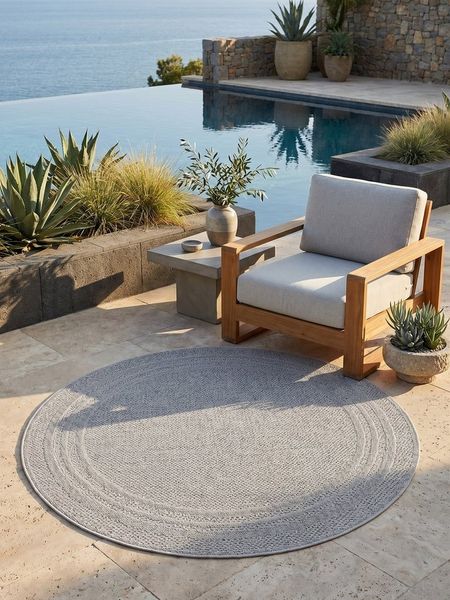 KADIMA DESIGN Teppich VENTOUX Wetterfest UV-Beständig Balkon Waschbar Strapazierfähig, Rund, Höhe: 5 mm, Grau, 80x80 cm, Outdoor Balkonteppich Terrasse Pflegeleicht Robust