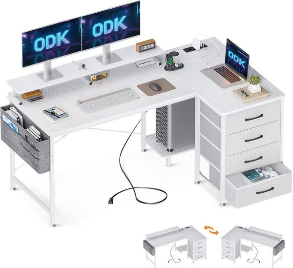 ODK Eckschreibtisch ODK Eckschreibtisch, Schreibtisch L Form mit 4 Schubladen, 140x80x84.7cm Tisch mit 2USB Ladeanschluss&2 Steckdose