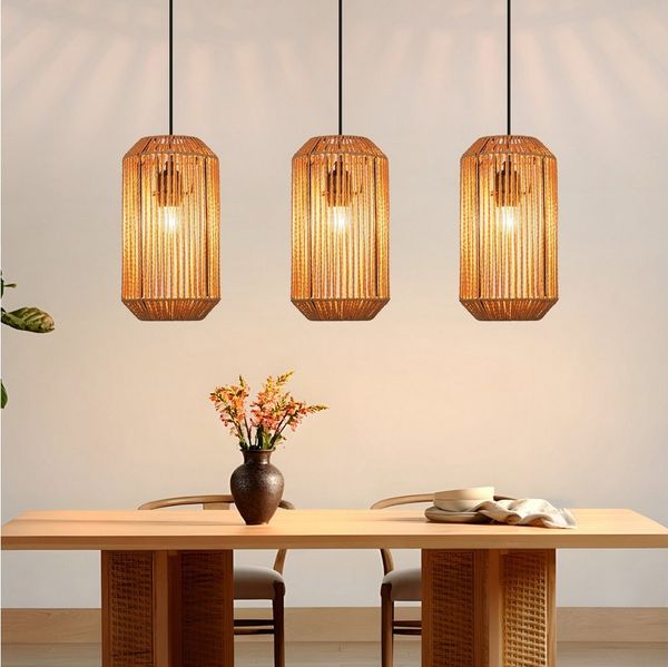 Nettlife Pendelleuchte Rattan 3 flammig Höhenverstellbar Boho E27 Hängeleuchte, Langballon-Flecht, Ohne Leuchtmittel, für Schlafzimmer Wohnzimmer/Ohne Leuchtmittel