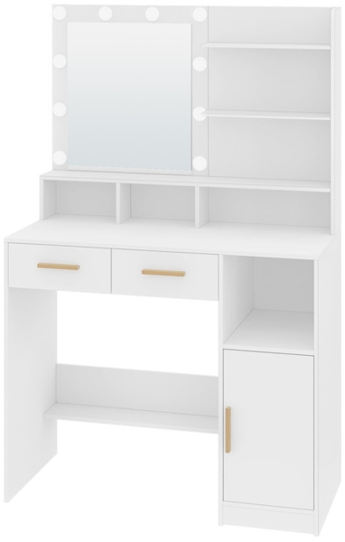 Schminktisch mit Spiegel und 10x LED-Beleuchtung, mit einstellbarer Helligkeit, mit 2 Schubladen & 1 Schrank, 3 Ablagen & 4 offenen Fächern, Weiß