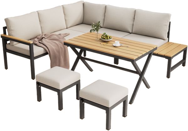 Merax Gartenlounge-Set 6-teilig, Gartenmöbel-Set 7 Personen, Gartensofa mit Ablage, Balkonmöbelset Gartengarnitur Terassenmöbelset mit Kissen, Beige Bild 10