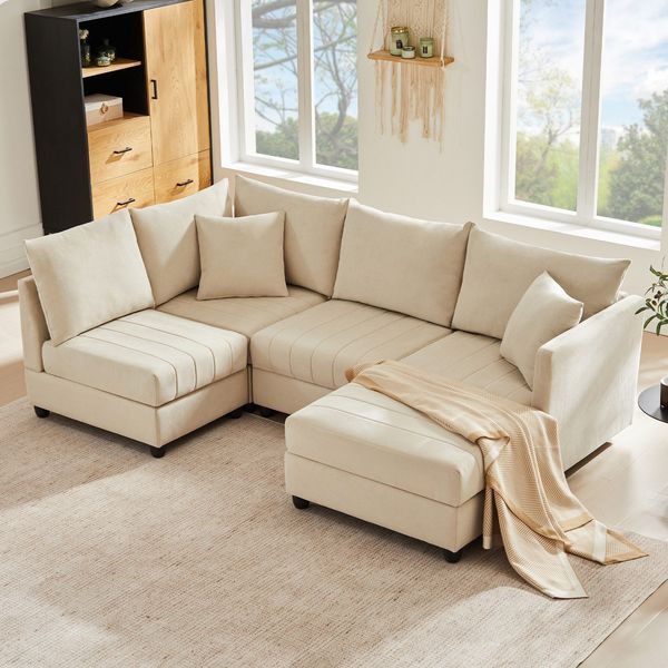 Big-Sofa mit Rückenkissen, Zierkissen, loser Rückenkissen und Zierkissen, 5-Sitzer Sofa, Leinen Bezug