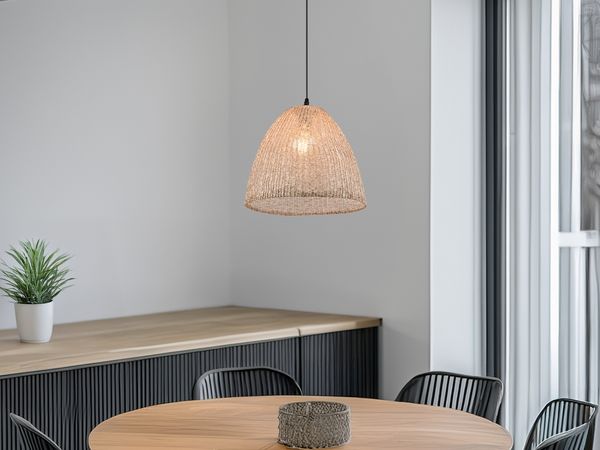 Boho Pendelleuchte KIBITO mit Lampenschirm aus gewebtem Stoff, Ø 32cm
