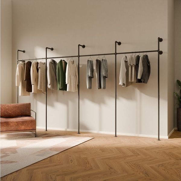 pamo. design Kleiderständer KIM Kleiderstange Wandmontage, offener Kleiderschrank, Kleiderständer, (Set, 1), Schwarzer Garderobenständer im Industrial Design für Kleidung