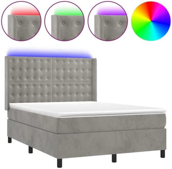vidaXL Boxspringbett mit Matratze & LED Hellgrau 140x200 cm Samt 3139805