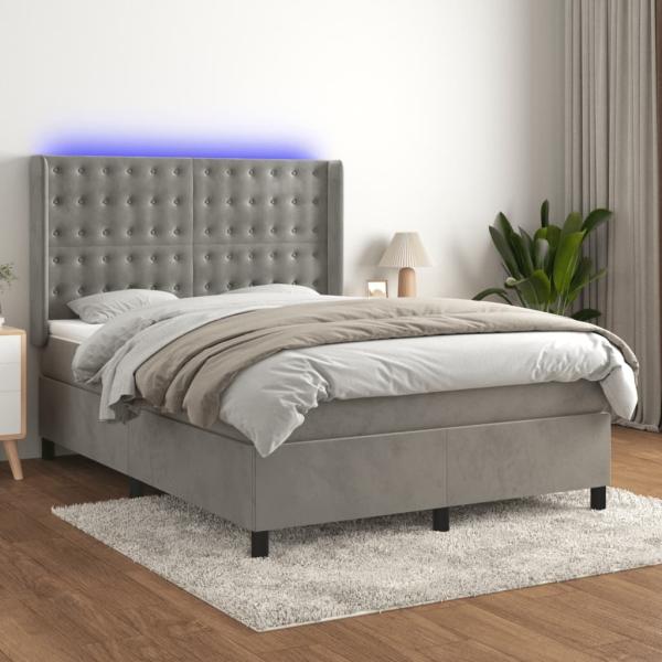 vidaXL Boxspringbett mit Matratze & LED Hellgrau 140x200 cm Samt 3139805