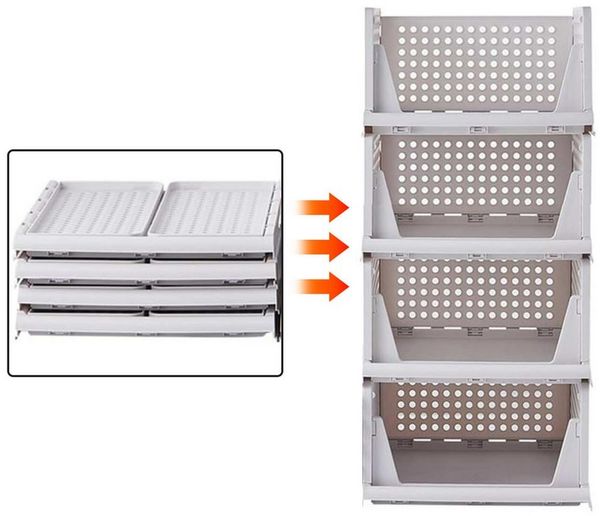 SURFOU Schubladenbox 4er Set Stapelbare Kleiderschrank Organizer, (Faltbaren Regal Aufbewahrungsbox Trennwand Stapelschubladen), Plastik Lagerkisten für Zuhause Schlafzimmer Küche 33.5*43*14.2cm