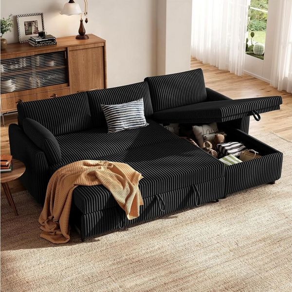 Patbrela Ecksofa mit Schlaffunktion, L-Form Ausziehbares Sofa mit Stauraum, Extra tiefe Sitzfläche, Links/Rechts montierbare Ottomane