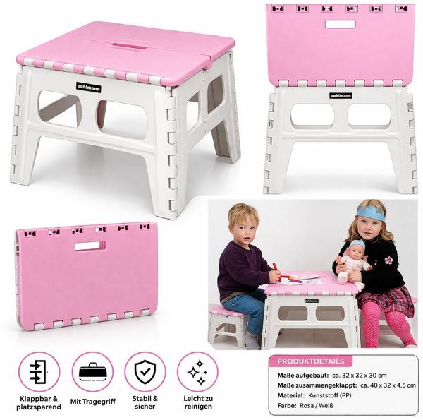 Klappbarer Kindertisch / Kinderhocker platzsparend & stabil Pink-Weiß