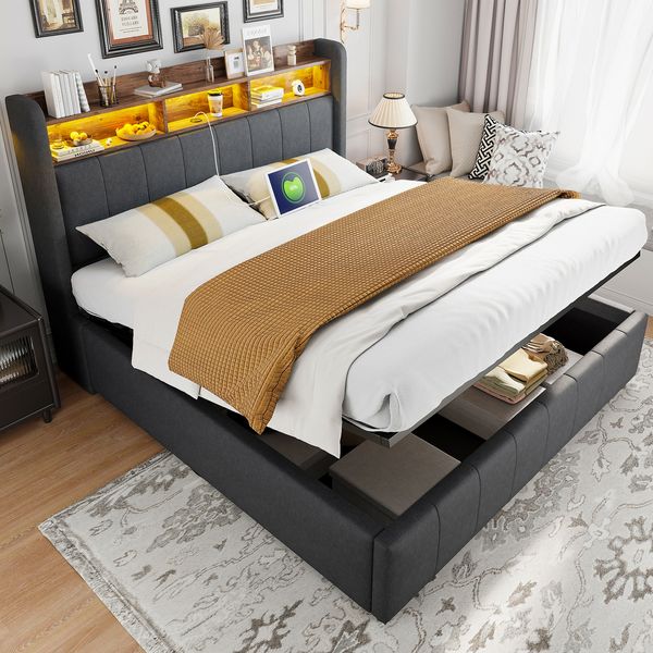 Polsterbett 160×200 cm mit Bettkasten, LED-Beleuchtung und USB-Anschlüssen, Grau, ohne Matratze