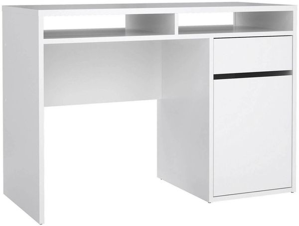 Dmora Schreibtisch Abbadu, Mehrzweckschreibtisch, Bürotisch für PC, Eckschreibtisch, 110x48 h77 cm, Glänzendes Weiß