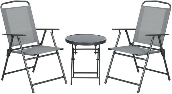 Flieks Klappbare Gartenmöbel Set 3-tlg mit 2 Stühlen & Beistelltisch, Outdoor Balkonmöbel Set für 2 Personen, Mesh, Hellgrau